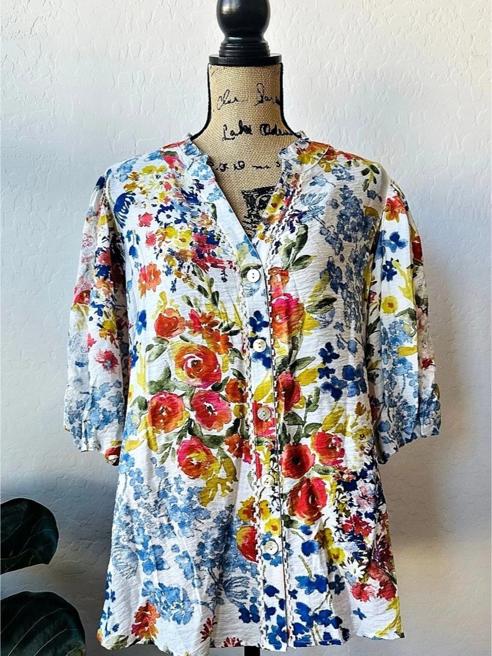 John Mark Flower Power Floral Tunic Blue & White Size 0X